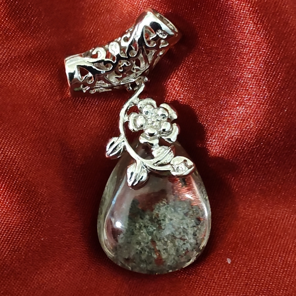 Vintage Silver Moss Agate Phantom Quartz 925 Stone Pendant